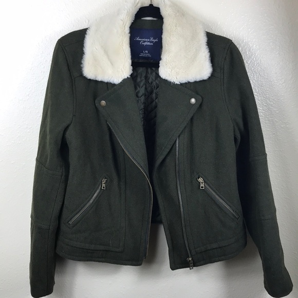 American Eagle Wool Faux Fur Trim Moto Jacket Coat - Picture 2 of 8